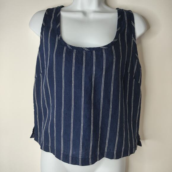 Onia Tank Top Womens Medium 100% Linen Navy Blue White Stripe Tie Open Back‎ - Picture 3 of 12